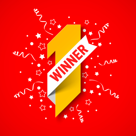 First winner, first place banner. Number one illustration with white ribbon, confetti and party streamers on red backgroundのイラスト素材