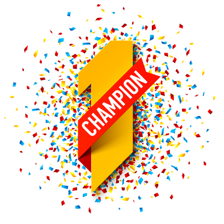 First Champion, number one illustration with red ribbon and confetti shotのイラスト素材