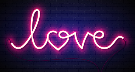 Word Love neon sign on brick wall background. Valentine's Day greeting card, poster, flyer or banner design elementのイラスト素材