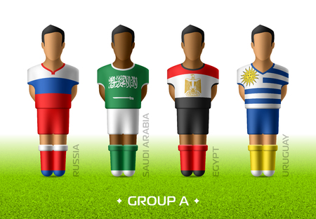 Football / soccer team players in the uniform of national flags for football championship in Russia 2018. Group A with footballers of Russia, Saudi Arabia, Egypt and Uruguayのイラスト素材