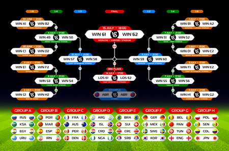 Football bracket template for football championship in Russia 2018, with flags of soccer teams, date, time  locationのイラスト素材