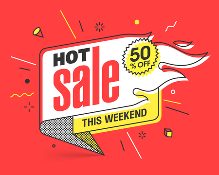 Hot Sale banner template in flat trendy memphis geometric style, retro 80s - 90s paper style poster, placard, web banner designのイラスト素材