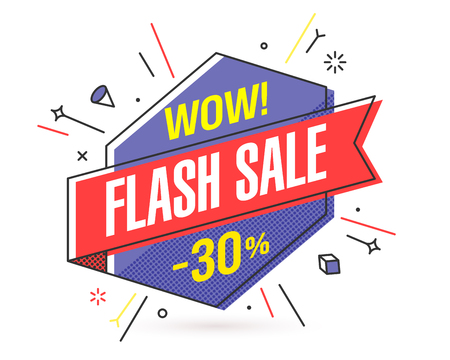 Flash Sale banner template in flat trendy memphis geometric style, retro 80s - 90s paper style poster, placard, web banner designのイラスト素材