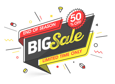 Big Sale banner template in flat trendy memphis geometric style, retro 80s - 90s paper style poster, placard, web banner designのイラスト素材