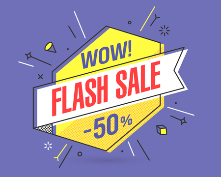 Flash Sale banner template in flat trendy memphis geometric style, retro 80s - 90s paper style poster, placard, web banner designのイラスト素材