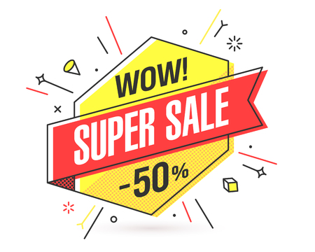 Super Sale banner template in flat trendy memphis geometric style, retro 80s - 90s paper style poster, placard, web banner designのイラスト素材