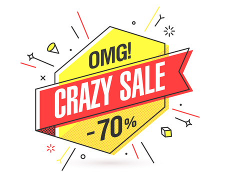 Crazy Sale banner template in flat trendy memphis geometric style, retro 80s - 90s paper style poster, placard, web banner designのイラスト素材