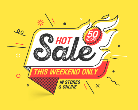 Weekend Hot Sale banner template in flat trendy memphis geometric style, retro 80s - 90s paper style poster, placard, web banner designのイラスト素材
