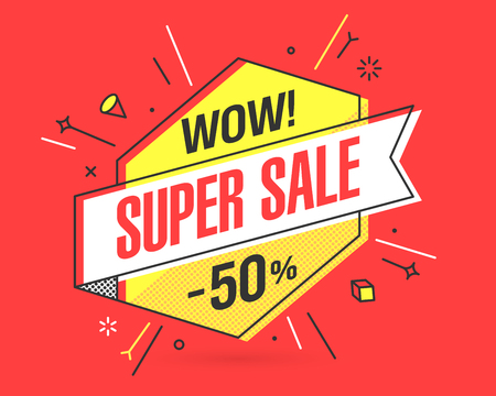 Super Sale banner template in flat trendy memphis geometric style, retro 80s - 90s paper style poster, placard, web banner designのイラスト素材