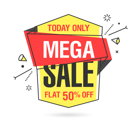 Mega Sale banner template in flat trendy memphis geometric style, retro 80s - 90s paper style poster, placard, web banner designのイラスト素材