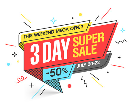 Three Day Super Sale banner template in flat trendy memphis geometric style, retro 80s - 90s paper style poster, placard, web banner designのイラスト素材
