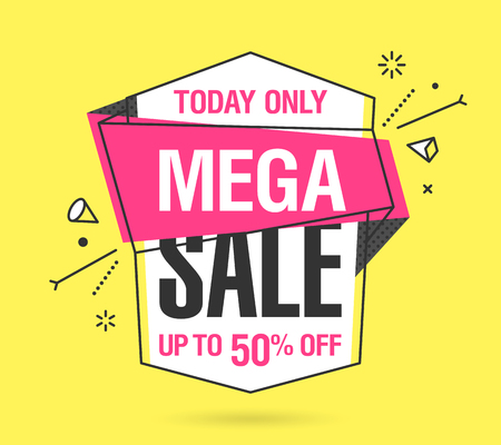 Mega Sale banner template in flat trendy memphis geometric style, retro 80s - 90s paper style poster, placard, web banner designのイラスト素材