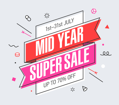 Mid Year Super Sale banner template in flat trendy memphis geometric style, retro 80s - 90s paper style poster, placard, web banner designのイラスト素材