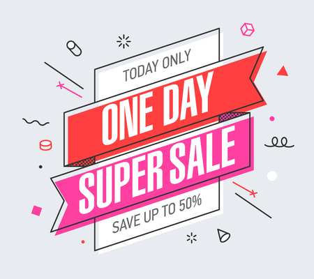 One Day Super Sale banner template in flat trendy memphis geometric style, retro 80s - 90s paper style poster, placard, web banner designのイラスト素材