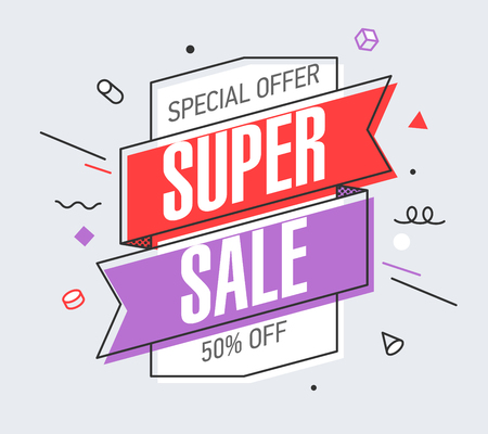 Super Sale banner template in flat trendy memphis geometric style, retro 80s - 90s paper style poster, placard, web banner designのイラスト素材