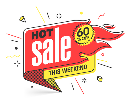 Hot Sale banner template in flat trendy memphis geometric style, retro 80s - 90s paper style poster, placard, web banner designのイラスト素材
