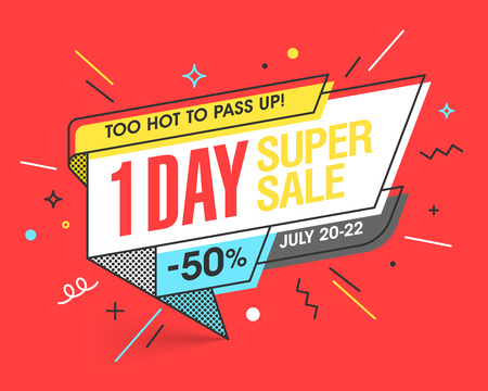 One Day Super Sale banner template in flat trendy memphis geometric style, retro 80s - 90s paper style poster, placard, web banner designのイラスト素材