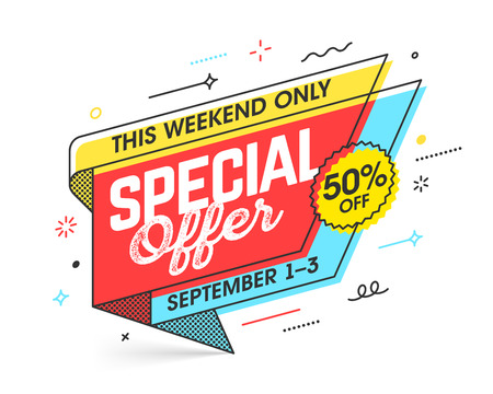 Weekend Special Offer banner template in flat trendy memphis geometric style, retro 80s - 90s paper style poster, placard, web banner designのイラスト素材