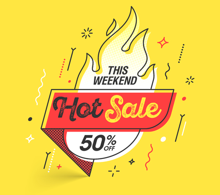 Weekend Hot Sale banner template in flat trendy memphis geometric style, retro 80s - 90s paper style poster, placard, web banner designのイラスト素材