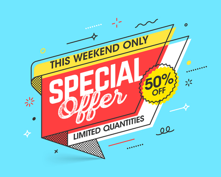 Weekend Special Offer banner template in flat trendy memphis geometric style, retro 80s - 90s paper style poster, placard, web banner designのイラスト素材