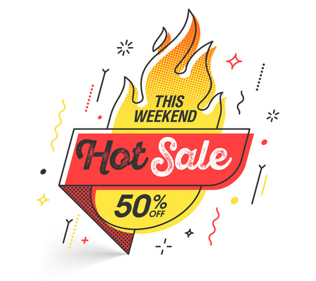 Weekend Hot Sale banner template in flat trendy memphis geometric style, retro 80s - 90s paper style poster, placard, web banner designのイラスト素材