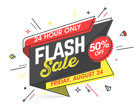 Flash Sale banner template in flat trendy memphis geometric style, retro 80s - 90s paper style poster, placard, web banner designのイラスト素材