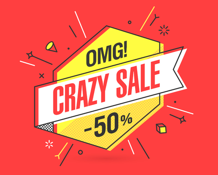 Crazy Sale banner template in flat trendy memphis geometric style, retro 80s - 90s paper style poster, placard, web banner designのイラスト素材