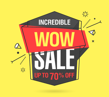 WOW Sale banner template in flat trendy memphis geometric style, retro 80s - 90s paper style poster, placard, web banner designのイラスト素材