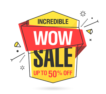 WOW Sale banner template in flat trendy memphis geometric style, retro 80s - 90s paper style poster, placard, web banner designのイラスト素材