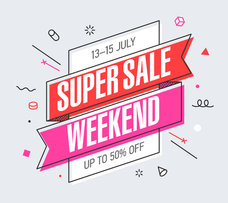 Weekend Super Sale banner template in flat trendy memphis geometric style, retro 80s - 90s paper style poster, placard, web banner designのイラスト素材