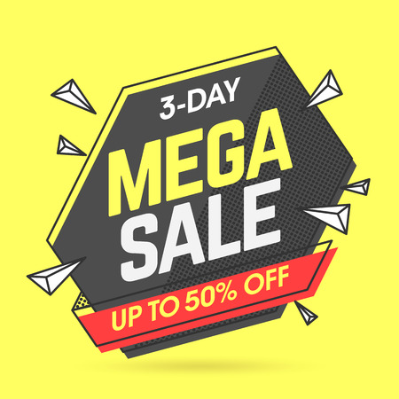 Mega Sale banner template in flat trendy memphis geometric style, retro 80s - 90s paper style poster, placard, web banner designのイラスト素材