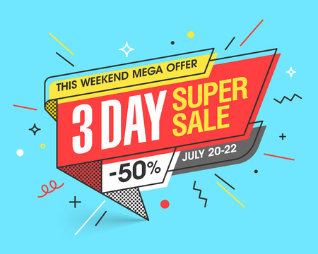 Three Day Super Sale banner template in flat trendy memphis geometric style, retro 80s - 90s paper style poster, placard, web banner designのイラスト素材