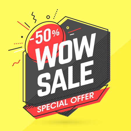 WOW Sale banner template in flat trendy memphis geometric style, retro 80s - 90s paper style poster, placard, web banner designのイラスト素材