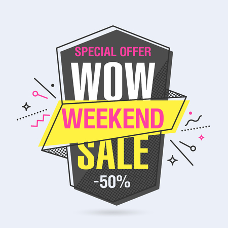 Weekend Sale banner template in flat trendy memphis geometric style, retro 80s - 90s paper style poster, placard, web banner designのイラスト素材