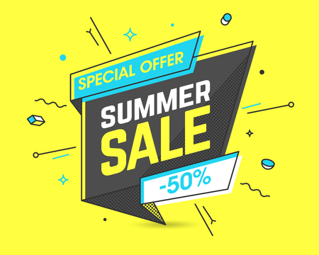 Summer Sale banner template in flat trendy memphis geometric style, retro 80s - 90s paper style poster, placard, web banner designのイラスト素材