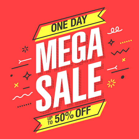 Mega Sale banner template in flat trendy memphis geometric style, retro 80s - 90s paper style poster, placard, web banner designのイラスト素材
