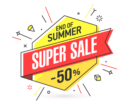 End Of Summer Super Sale banner template in flat trendy memphis geometric style, retro 80s - 90s paper style poster, placard, web banner designのイラスト素材
