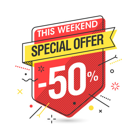 Weekend Special Offer banner template in flat trendy memphis geometric style, retro 80s - 90s paper style poster, placard, web banner designのイラスト素材