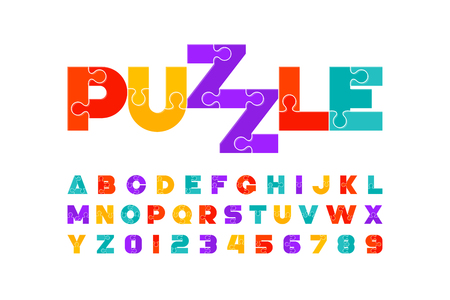 Puzzle font, colorful jigsaw puzzle alphabet letters and numbersのイラスト素材