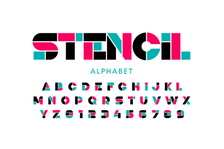 Modern Stencil font, alphabet letters and numbersのイラスト素材