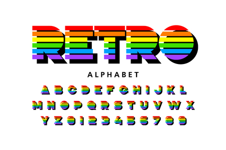 Colorful retro font, 80s style alphabet letters and numbersのイラスト素材