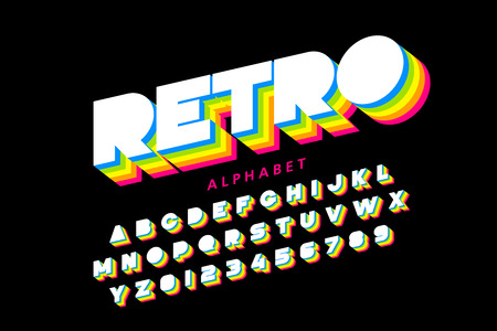 Colorful retro font, 80s style alphabet letters and numbersのイラスト素材