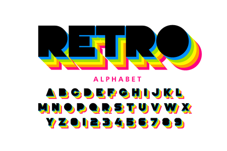 Colorful retro font, 80s style alphabet letters and numbersのイラスト素材