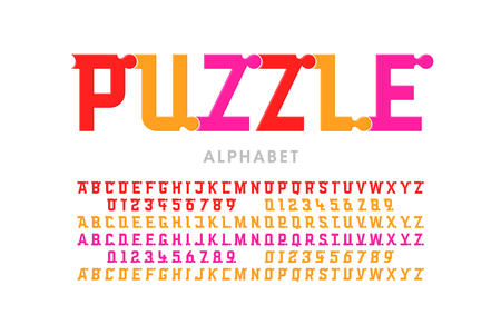 Puzzle font, colorful jigsaw puzzle alphabet letters and numbersのイラスト素材