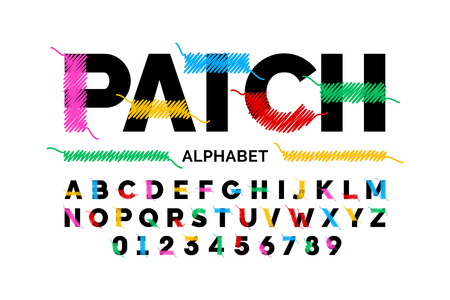 Patched font design stitched with thread, embroidery font alphabet letters and numbersのイラスト素材