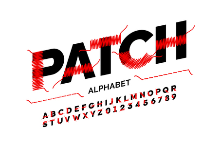 Patched font design stitched with thread, embroidery font alphabet letters and numbersのイラスト素材