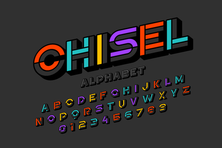 Colorful chisel font design, alphabet letters and numbersのイラスト素材