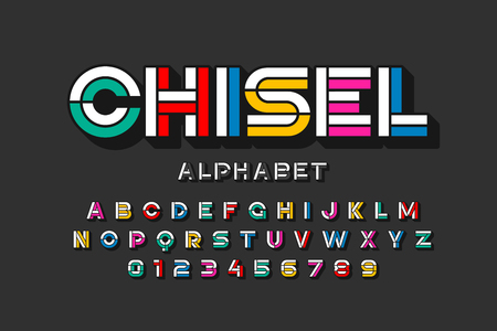 Colorful chisel font design, alphabet letters and numbersのイラスト素材