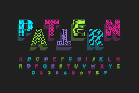 Modern font design with different patterns inside, alphabet letters and numbersのイラスト素材