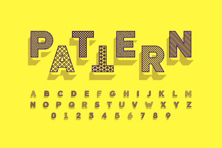 Modern font design with different patterns inside, alphabet letters and numbersのイラスト素材